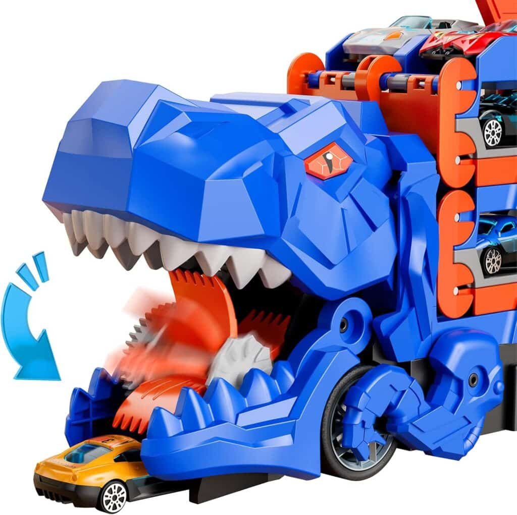 iHaHa Dinosaur Race Track Toys for Ages 3-4 4-6, 59-inches Transport Dinosaur Truck with 12 Die-cast Cars, Carrier Truck Toy Birthday Gifts Toys for 3 4 5 6 Year Old Boy