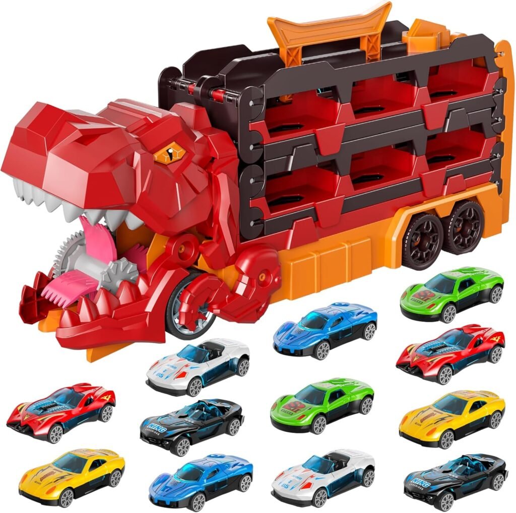 iHaHa Dinosaur Race Track Toys for Ages 3-4 4-6, 59-inches Transport Dinosaur Truck with 12 Die-cast Cars, Carrier Truck Toy Birthday Gifts Toys for 3 4 5 6 Year Old Boy