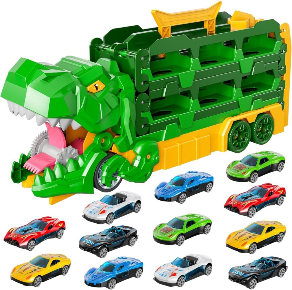 iHaHa Dinosaur Race Track Toys for Ages 3-4 4-6, 59-inches Transport Dinosaur Truck with 12 Die-cast Cars, Carrier Truck Toy Birthday Gifts Toys for 3 4 5 6 Year Old Boy