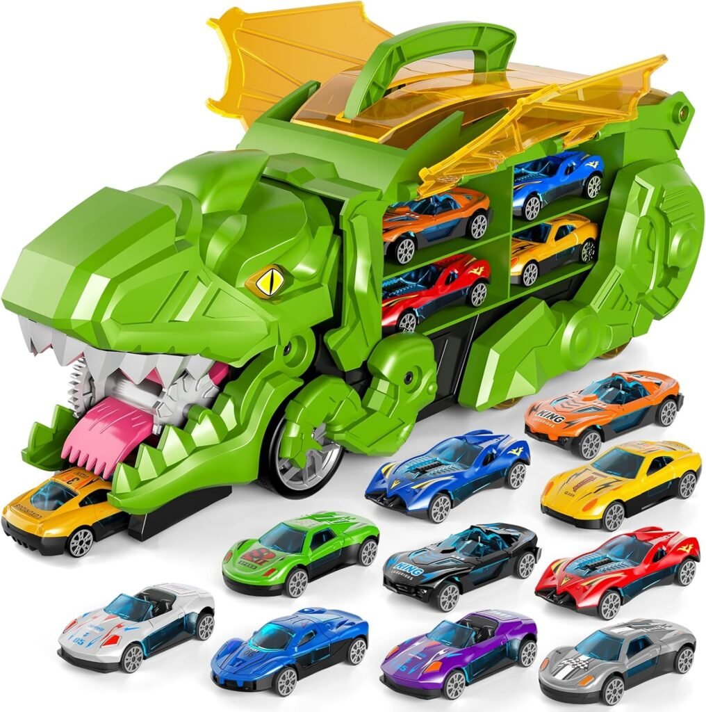 iHaHa Toddler Truck Toys for 3 4 5 6 Years Old Boys, Toys Cars Track Set Dinosaur Transporter Truck with 10 Die-Cast Car Toys, Transforms into Dino, Toddler Car Toys Set for Kids Boys Girls