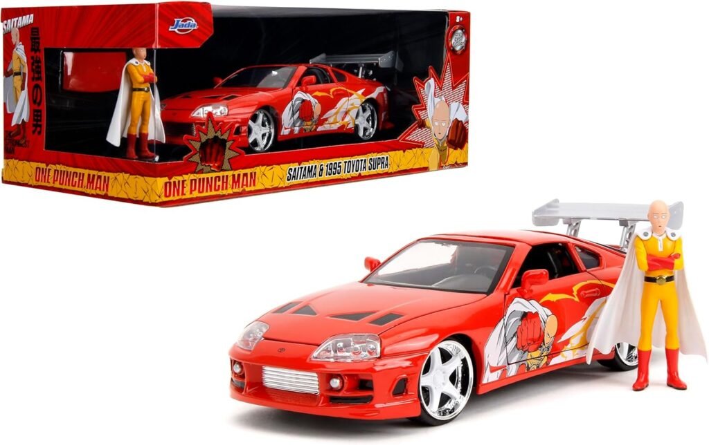 Jada One Punch Man with 1995 Toyota Supra Die-Cast Car – 1:24 Scale Anime Inspired Vehicle, Highly Detailed Model with Saitama Figure, for Ages 8+