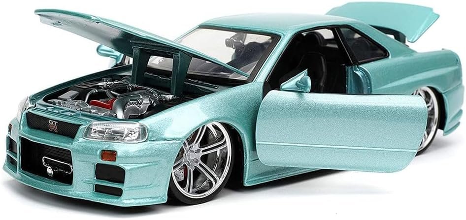 Jada Toys Fast  Furious 1:24 Brians 2002 Nissan Skyline GT-R R34 Blue Green Die-cast Car, Toys for Kids and Adults