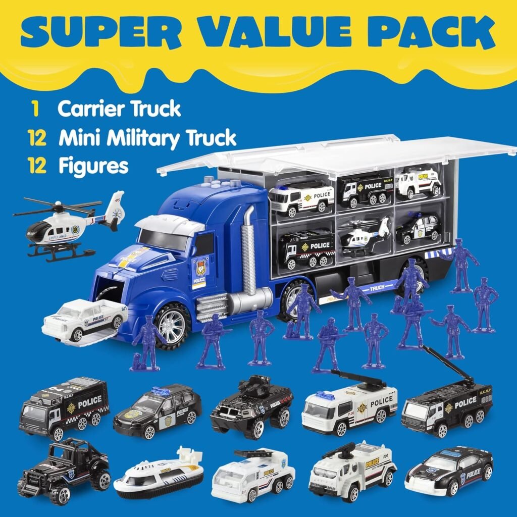 JOYIN 25 in 1 Police Rescue Truck Car Toy Set with Sounds and Lights, Mini Police Vehicles in Carrier Truck, Play Police Patrol Rescue Vehicle Toy, Birthday Gifts for Over 3 Years Old Boys