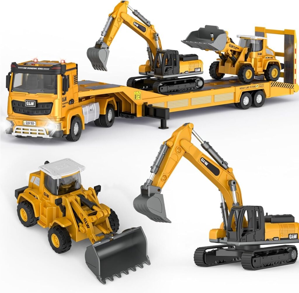 Kids Toys for 3 4 5 6 7 Years Old Boys, Die-cast Construction Toys Set w/Semi Truck, Excavator, Bulldozer, Alloy Engineering Construction Vehicles Truck Toys w/Lights  Sounds, Model Cars