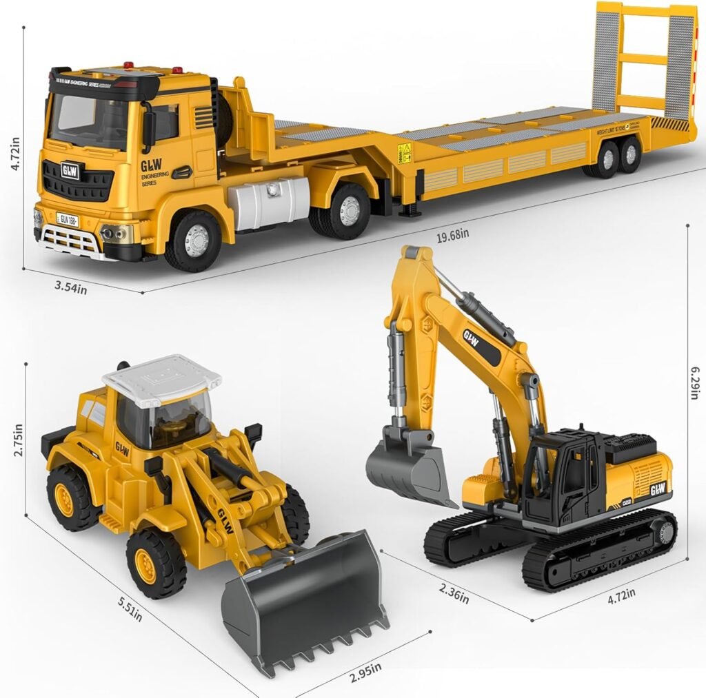 Kids Toys for 3 4 5 6 7 Years Old Boys, Die-cast Construction Toys Set w/Semi Truck, Excavator, Bulldozer, Alloy Engineering Construction Vehicles Truck Toys w/Lights  Sounds, Model Cars