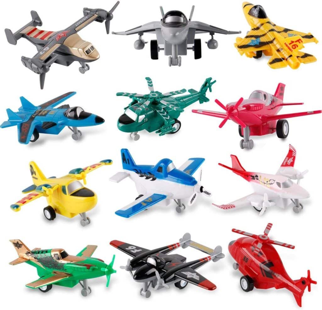 Liberty Imports Pull Back Airplanes Toys Vehicle Playset, Variety Pack of Helicopters, Stealth Bombers, Fighter Jets, Aircraft, Planes for Kids Toddlers Party Favors (12 Pack)