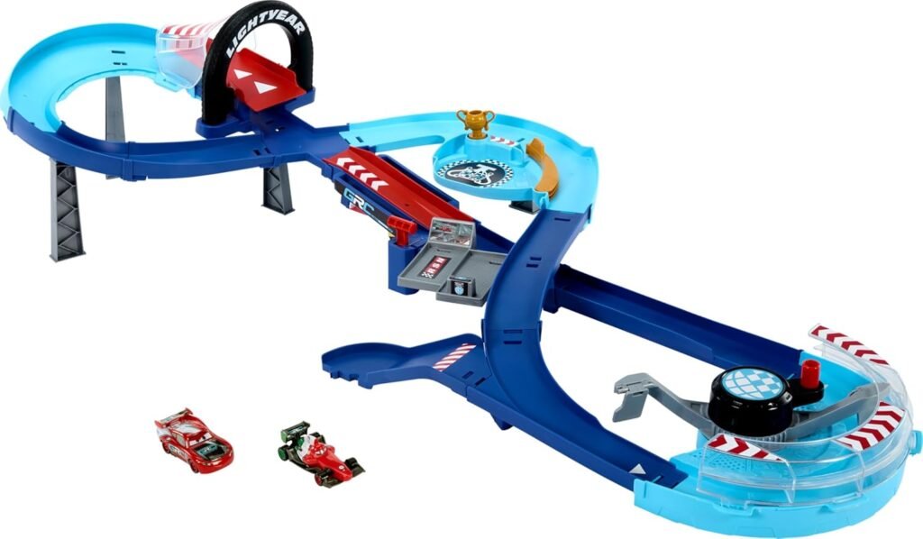 Mattel Disney and Pixar Cars Playset with 2 Toy Cars, Lightning McQueen  Francesco Bernoulli, GRC Jumping Raceway Track Set with Booster