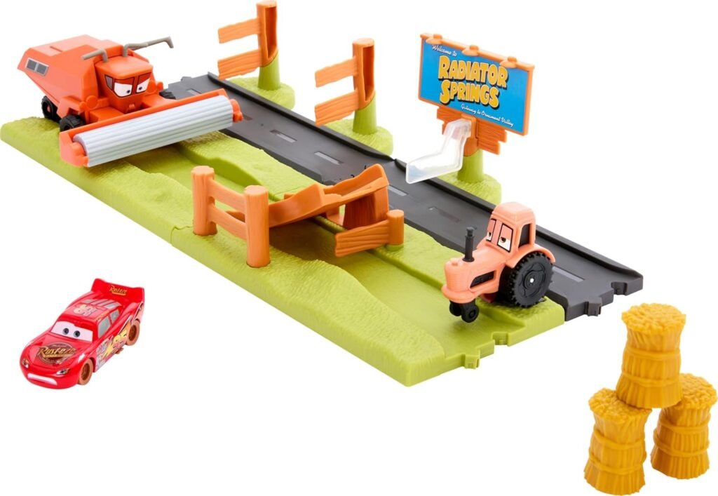 Mattel Disney and Pixar Cars Playset with 3 Toy Vehicles  2 Ways to Play, Frank Escape  Stunt Race Set Includes Lightning McQueen