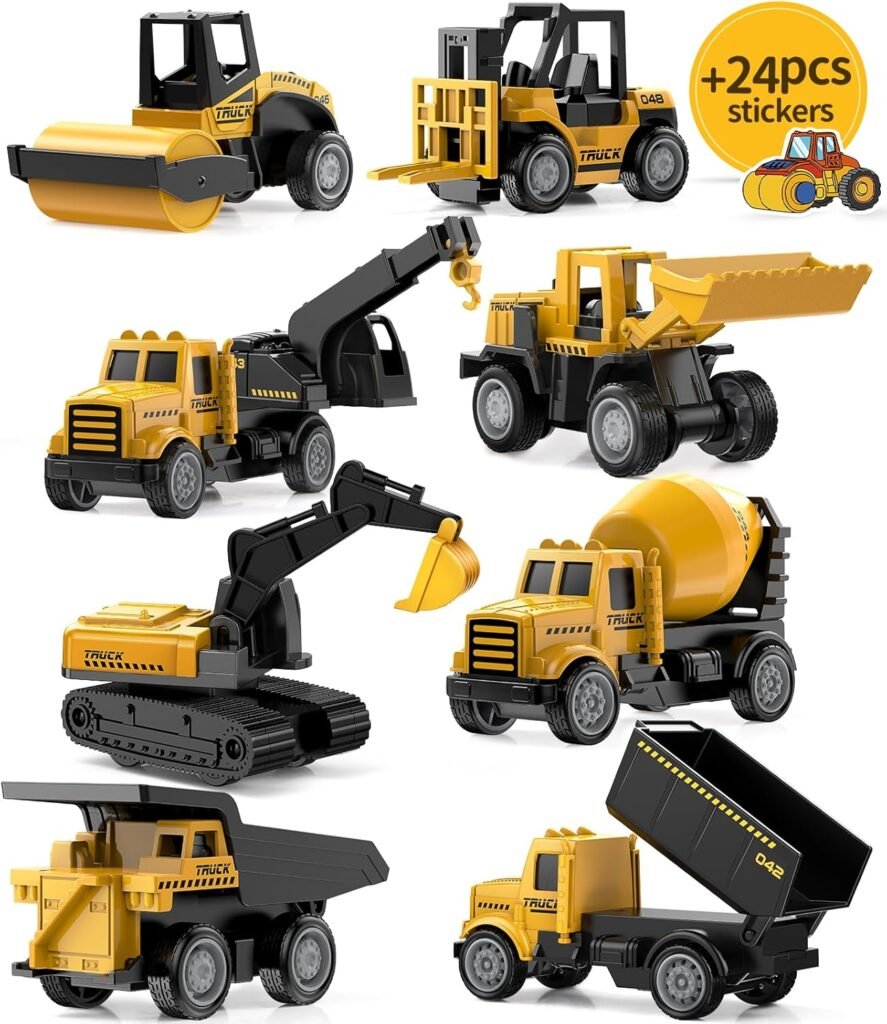 Mini Construction Toys for Kids, Die Cast Construction Truck Vehihcles with Stickers for Toddler Age 3 4 5 6 7 8 Years Old, Metal Dump Truck, Excavator Sandbox Car Toys for Outdoor Pretend Play