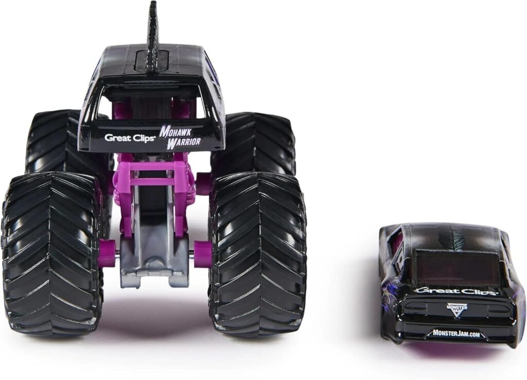 Monster Jam Official 1:64 Scale Diecast 2-Pack Monster Truck and Race Car Series 4 Mohawk Warrior, Purple