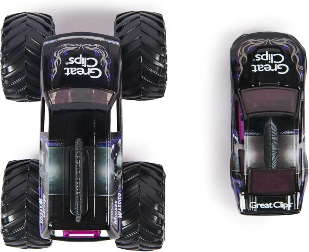 Monster Jam Official 1:64 Scale Diecast 2-Pack Monster Truck and Race Car Series 4 Mohawk Warrior, Purple