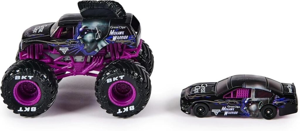 Monster Jam Official 1:64 Scale Diecast 2-Pack Monster Truck and Race Car Series 4 Mohawk Warrior, Purple
