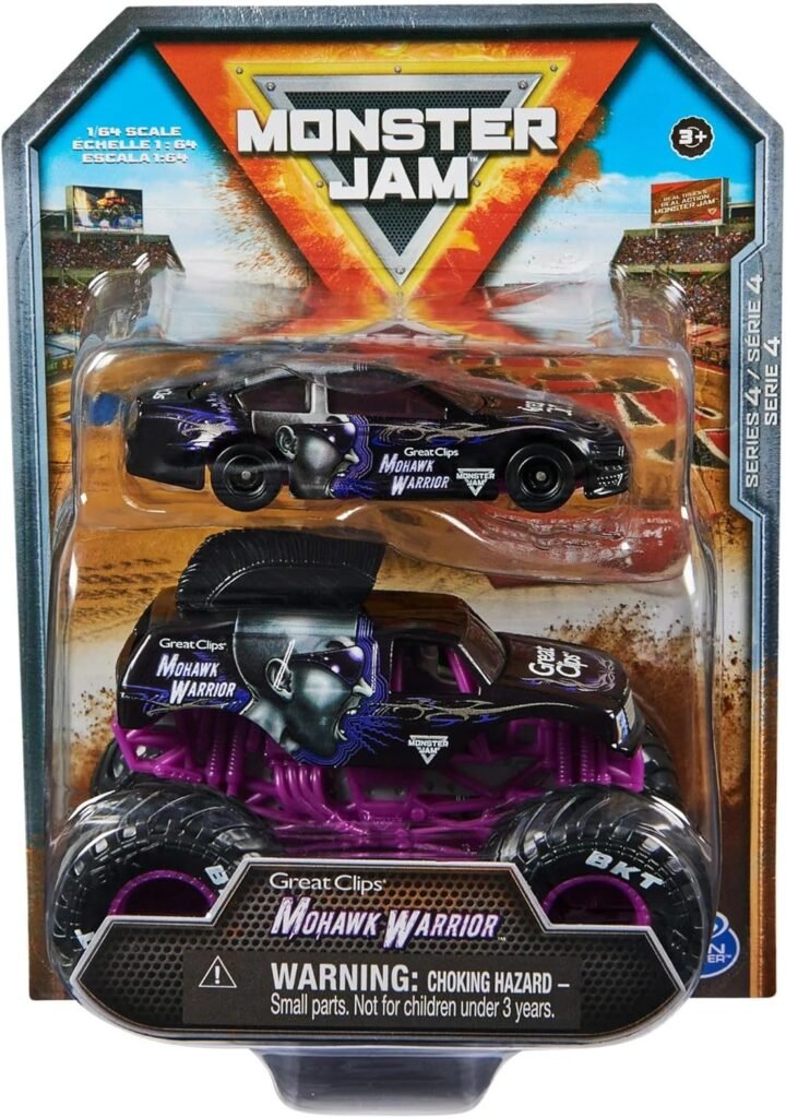 Monster Jam Official 1:64 Scale Diecast 2-Pack Monster Truck and Race Car Series 4 Mohawk Warrior, Purple
