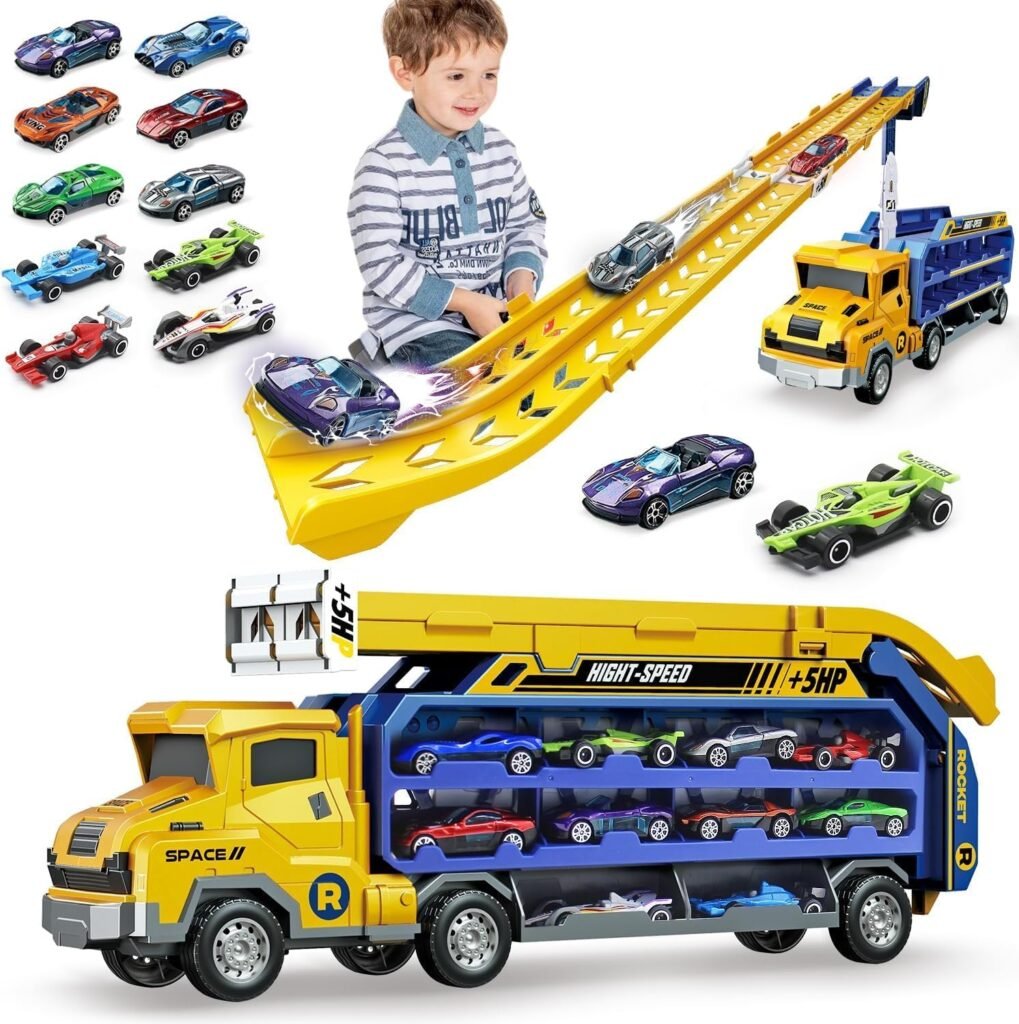 Mostop Toddler Carrier Truck Toys for 3 4 5 6 7 8Years Old Boys, 2.8 Ft Race Track Transport Cars Toys with 10 Die-Cast Metal Toy Cars, Foldable 2 Layer Car Race Track Playset with 46-in Race Track