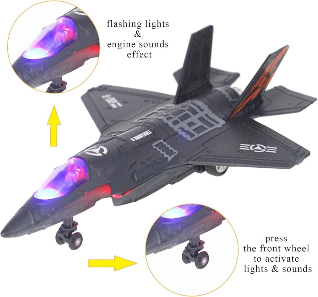 OTONOPI Fighter Jet Military Plane Model F-35 Aircraft Army Air Force Diecast Metal Pull Back Bomber Attack Plane with Lights and Sounds for Kids or Commemorate Collection