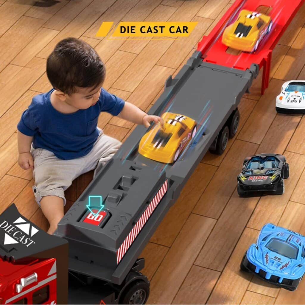 OTONOPI Race Car 59 Inch Transporter Truck Toy Set Mega Hauler Carrier Trucks with Race Track Storage Transporter Toy Truck with 2 Metal Cars for Kids Toddlers Boys Girls Age 3+