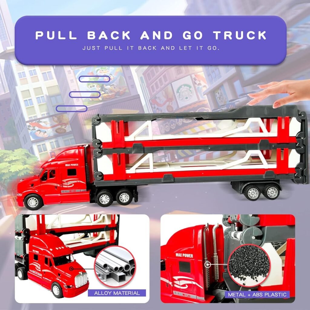 OTONOPI Race Car 59 Inch Transporter Truck Toy Set Mega Hauler Carrier Trucks with Race Track Storage Transporter Toy Truck with 2 Metal Cars for Kids Toddlers Boys Girls Age 3+