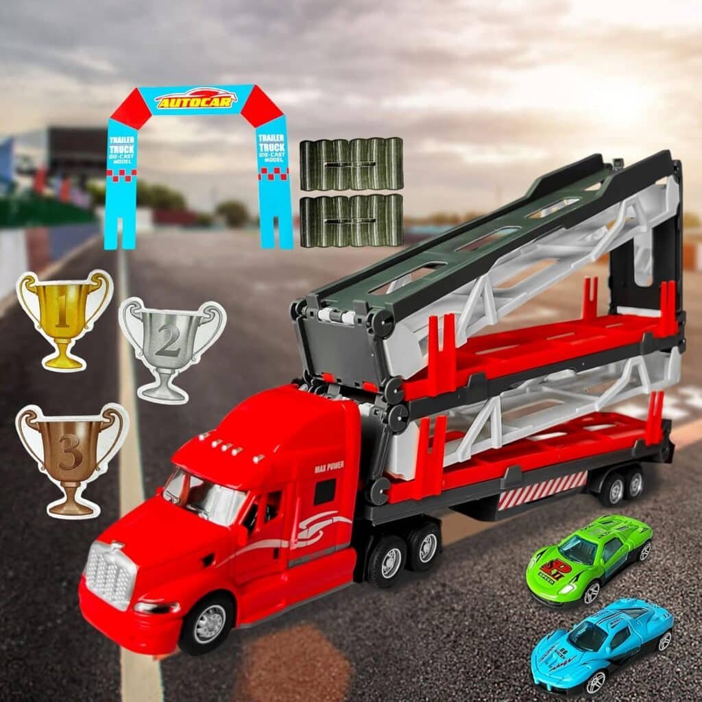 OTONOPI Race Car 59 Inch Transporter Truck Toy Set Mega Hauler Carrier Trucks with Race Track Storage Transporter Toy Truck with 2 Metal Cars for Kids Toddlers Boys Girls Age 3+