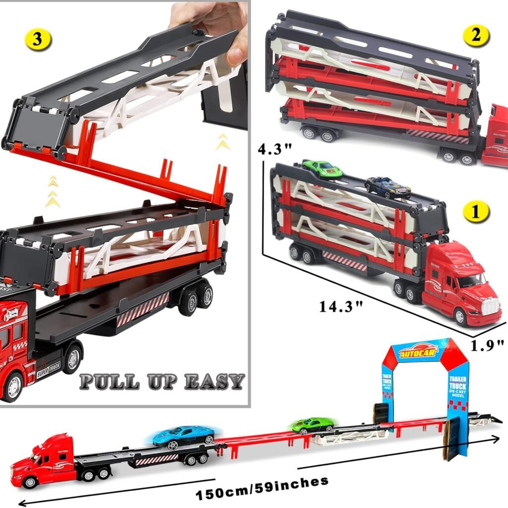 OTONOPI Race Car 59 Inch Transporter Truck Toy Set Mega Hauler Carrier Trucks with Race Track Storage Transporter Toy Truck with 2 Metal Cars for Kids Toddlers Boys Girls Age 3+