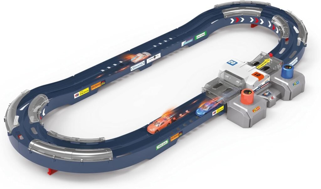 PlenPLAY 2-Player Racing Track Set - 10-Ft Button-Powered Track with Speed Control, Corner Barriers  Two Die-Cast 1/64 Scale Cars - Ultimate Fun for Kids 3+