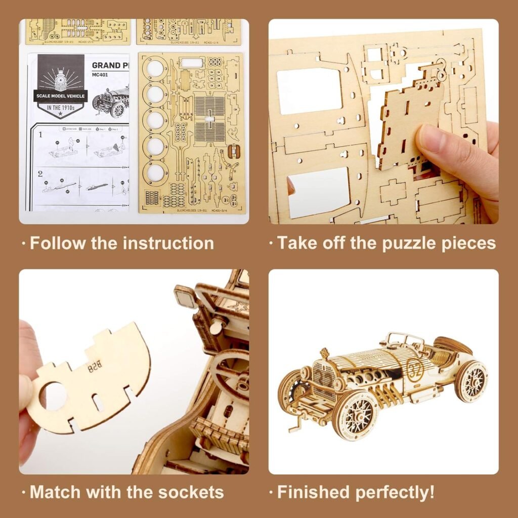 ROBOTIME Model Car Kits - Wooden 3D Puzzles - Model Cars to Build for Adults 1:16 Scale Model Grand Prix Car