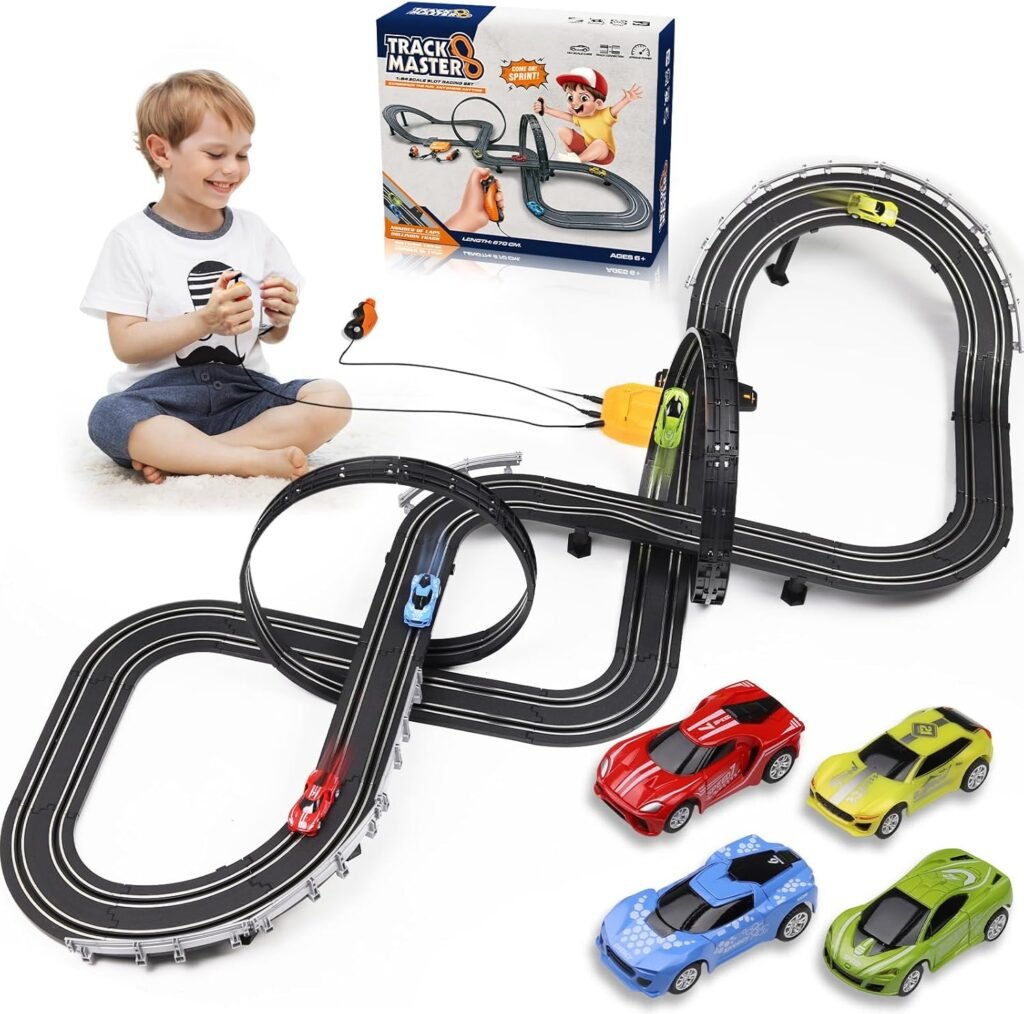 Slot Car Race Track Set, Battery or Electric Race Car Toys for 3 4 5 6+ Year Old Boys Gifts, 4pcs Slot Cars  23 FT Dual Racing Game Lap Overpass Track, Gifts Toys for Boys Kids Age 6 7 8-12