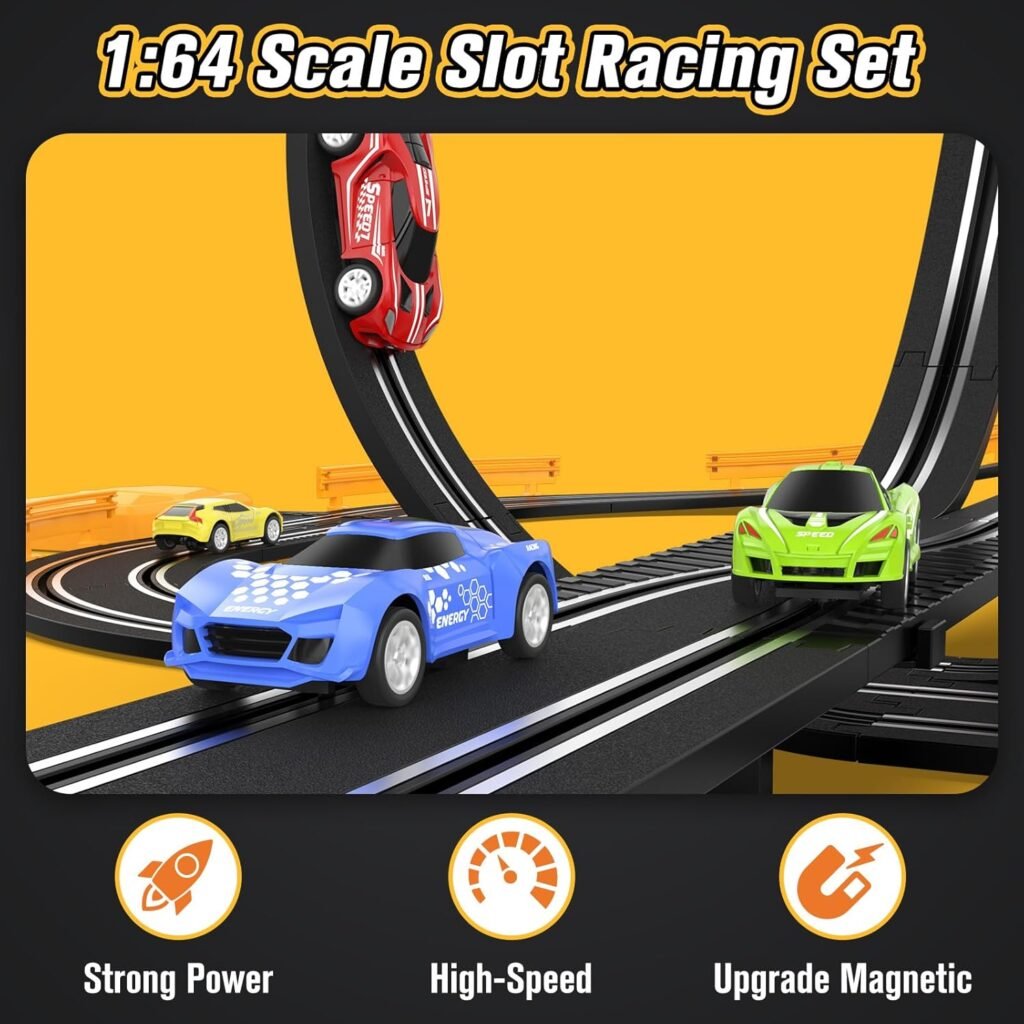 Slot-Car-Race-Track-Sets for Boys Kids, Battery or Electric Race Car Track with 4 High-Speed Slot Cars, Dual Racing Game 2 Hand Controllers Circular Overpass Track, Toys Gifts for 6-8 8-12 Boys Girls