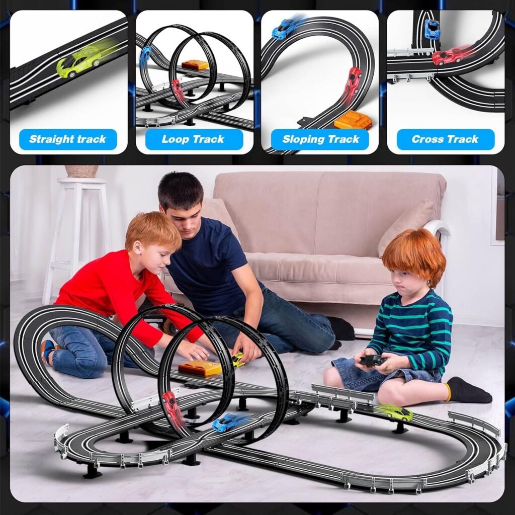 Slot Car Race Track Sets for Boys Kids,Battery or Electric Race Car Track with 4 High-Speed Slot Cars and 2 Hand Controllers,Dual Racing Game Lap Counter Circular Overpass Track Toys Age 6 7 8-12