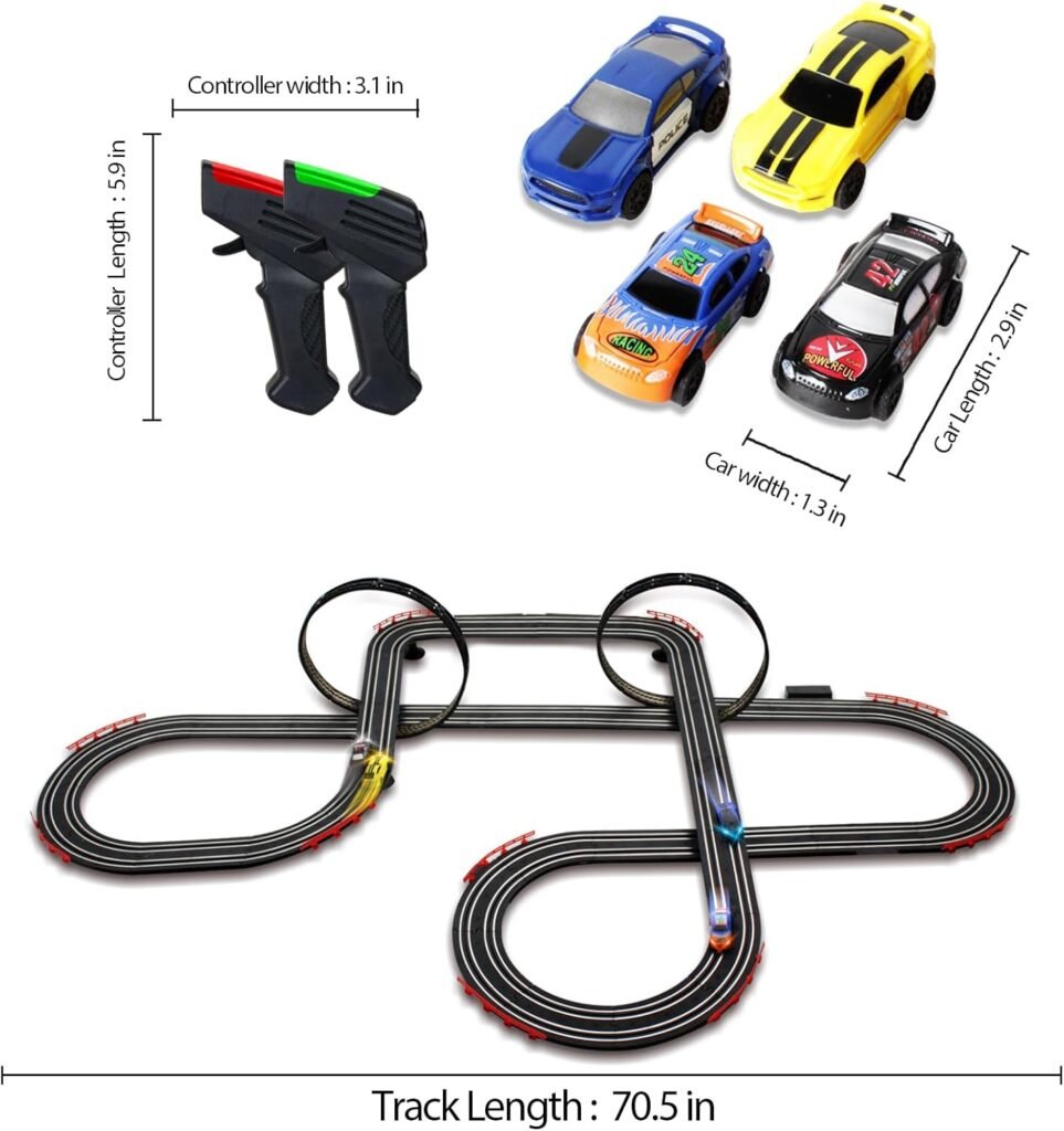 Slot Racing Car Track Sets 28Ft Electric Powered Race Tracks for Boys and Kids,Dual Racing with 4 High Speed Cars and 2 Hand Controllers, Gift Toys for Children 6,7,8 Years Old