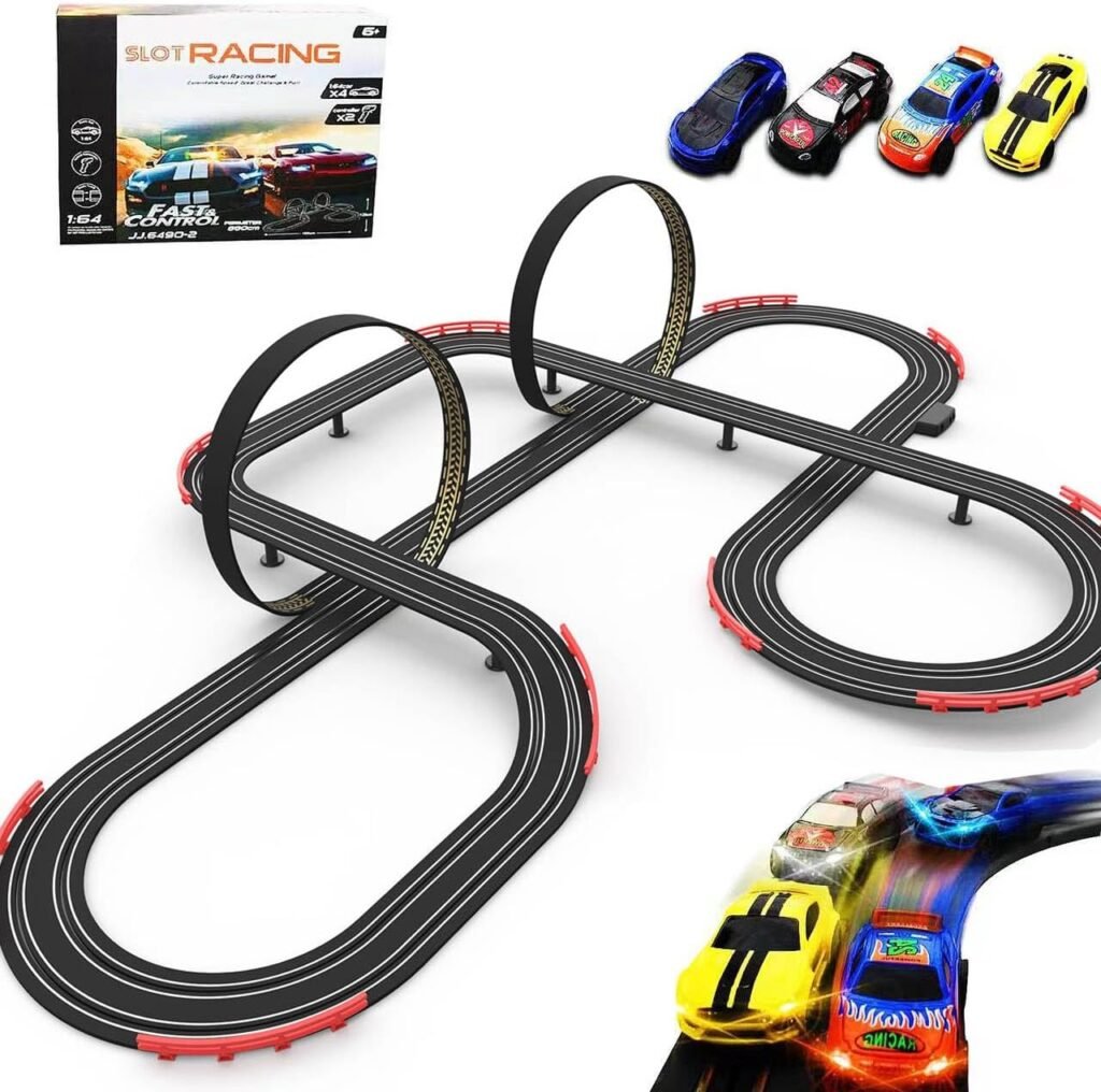 Slot Racing Car Track Sets 28Ft Electric Powered Race Tracks for Boys and Kids,Dual Racing with 4 High Speed Cars and 2 Hand Controllers, Gift Toys for Children 6,7,8 Years Old