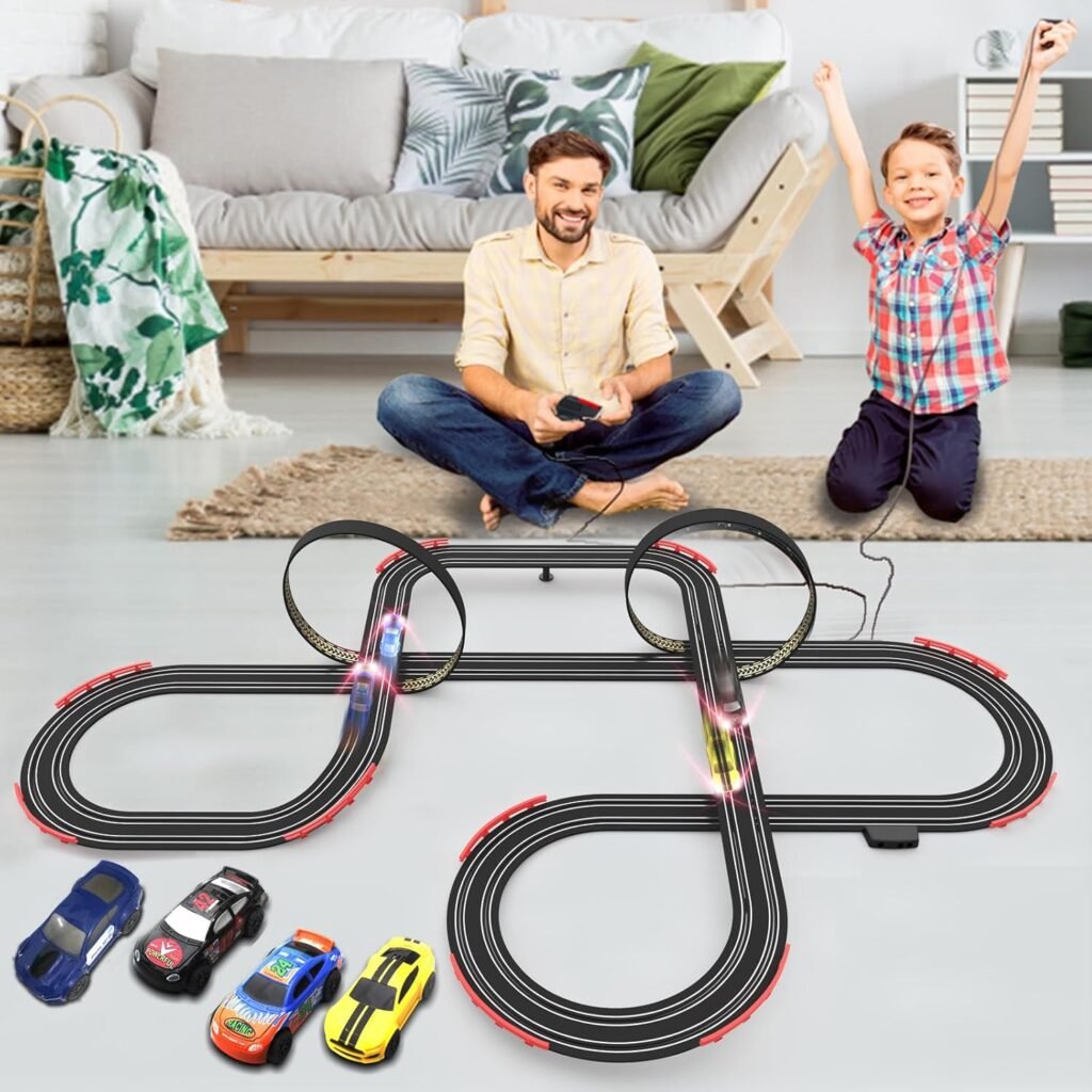 Slot Racing Car Track Sets 28Ft Electric Powered Race Tracks for Boys and Kids,Dual Racing with 4 High Speed Cars and 2 Hand Controllers, Gift Toys for Children 6,7,8 Years Old