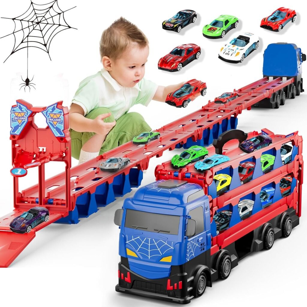 Spider Carrier Truck Race Track Toys for Boys, 78-inch Transport Car Race Track Truck Toy  12 Die-Cast Metal Toy Cars, Toddler Truck Car Toys Track Set Gifts for Kids Boys Girls 3 4 5 6 7 Year Old