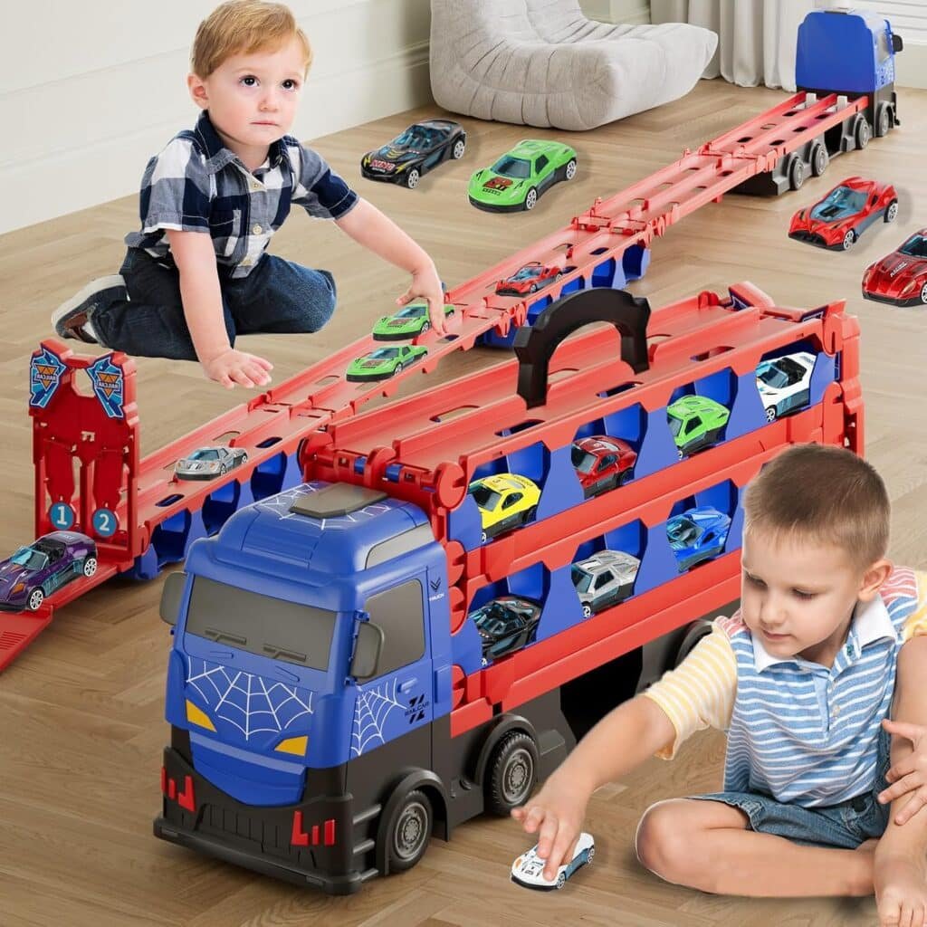 Spider Carrier Truck Race Track Toys for Boys, 78-inch Transport Car Race Track Truck Toy  12 Die-Cast Metal Toy Cars, Toddler Truck Car Toys Track Set Gifts for Kids Boys Girls 3 4 5 6 7 Year Old