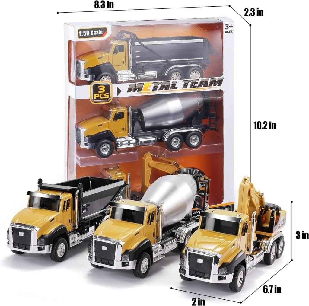 TEMI 3 Pack of Diecast Engineering Construction Vehicles, Dump Truck, Digger, Mixer Truck, 1/50 Scale Metal Collectible Model Cars, Pull Back Car Toys with Opening Doors for Boys and Girls