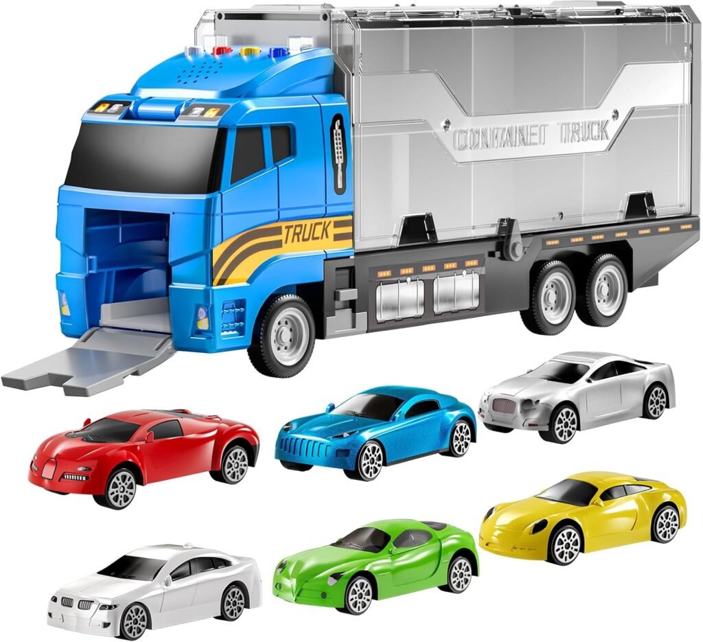 TEMI Transport Cars Carrier Set Toys w/Play Mat, Die-cast Vehicles Truck Alloy Metal Race Model Car Toys for Toddler Age 3-9 Kids Boys  Girls