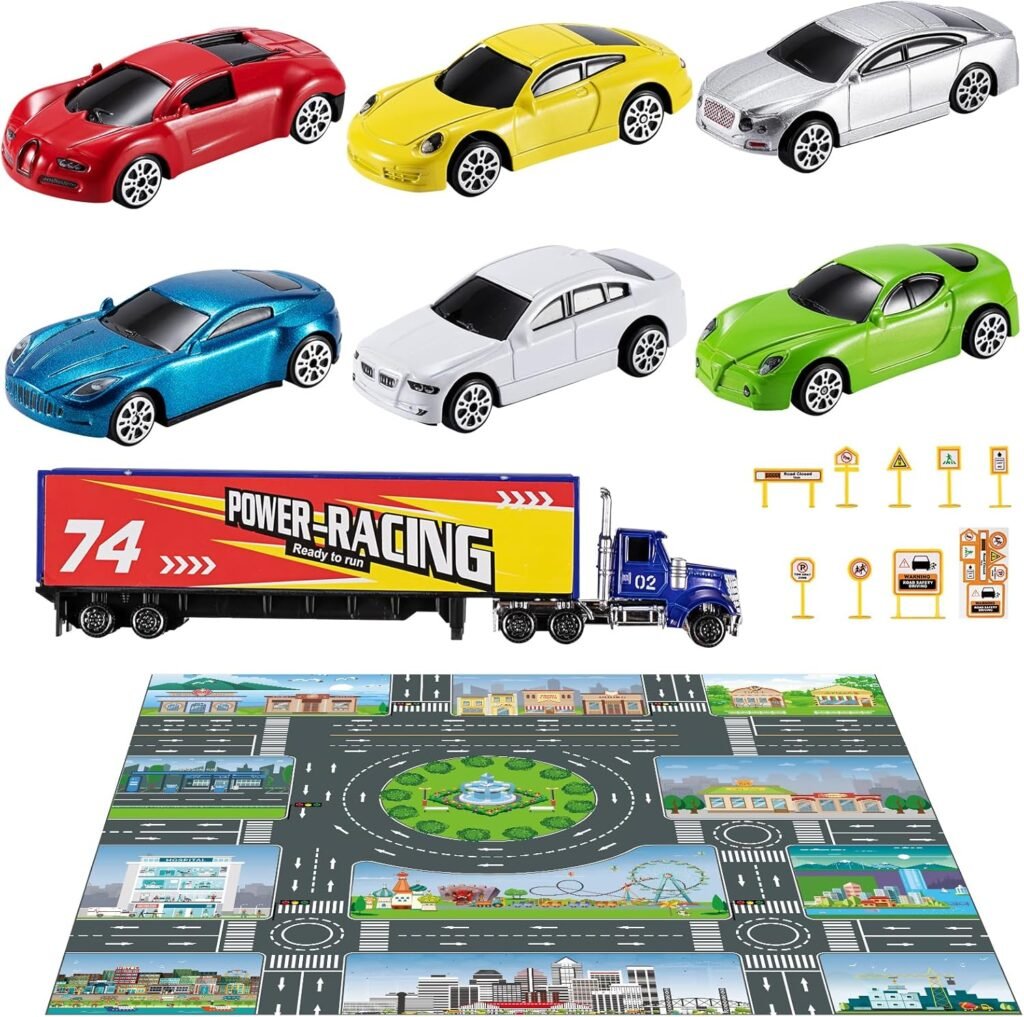 TEMI Transport Cars Carrier Set Toys w/Play Mat, Die-cast Vehicles Truck Alloy Metal Race Model Car Toys for Toddler Age 3-9 Kids Boys  Girls