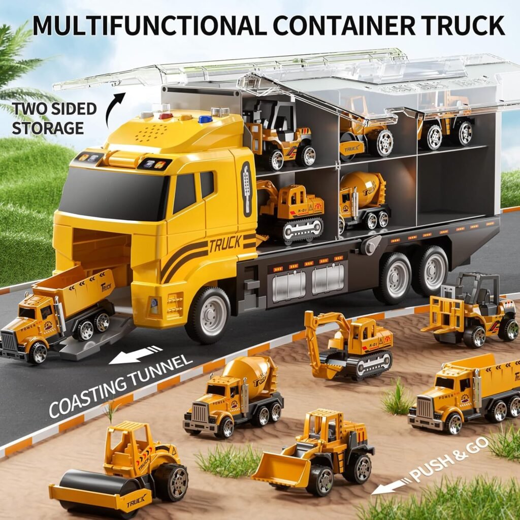 Toddler Boys Toys for 3 4 5 6 Years Old, Construction Truck Vehicle Toy Set with Play Mat, Die-Cast Toy Car Carrier Truck for Boys Kids, Birthday Gifts Toys for 3 4 5 6 7 8+ Year Old Boys