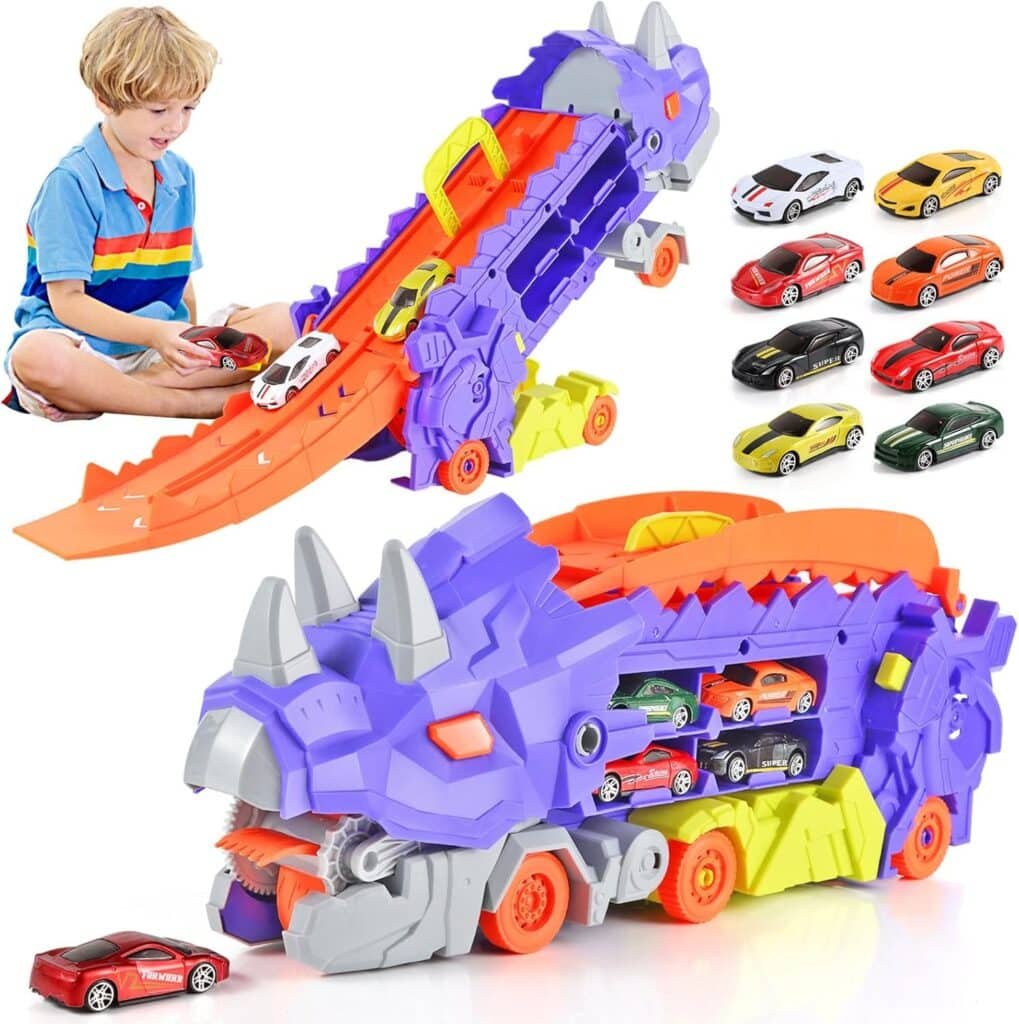 Toddler Dinosaur Transport Truck Toys for 3 4 5 6 Yeals Old Boys, Ultimate Hauler Carrier Truck with Race Track and 8 Die-Cast Cars, Toys Playset for Kids Boys (Purple)