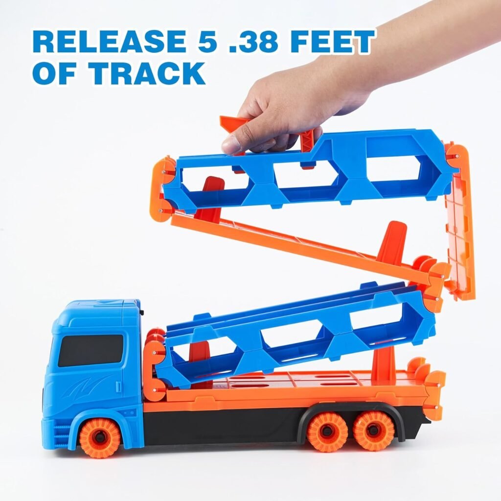 Toddler Toys for Hot Wheels Track Kids Truck with Foldable 61 Inch Race Track Die-Cast Transport Truck 2 Dual Rail Ejection Device Toddler Car Toys Track Set for Kids Boys Girls 3 4 5 6 Year Old
