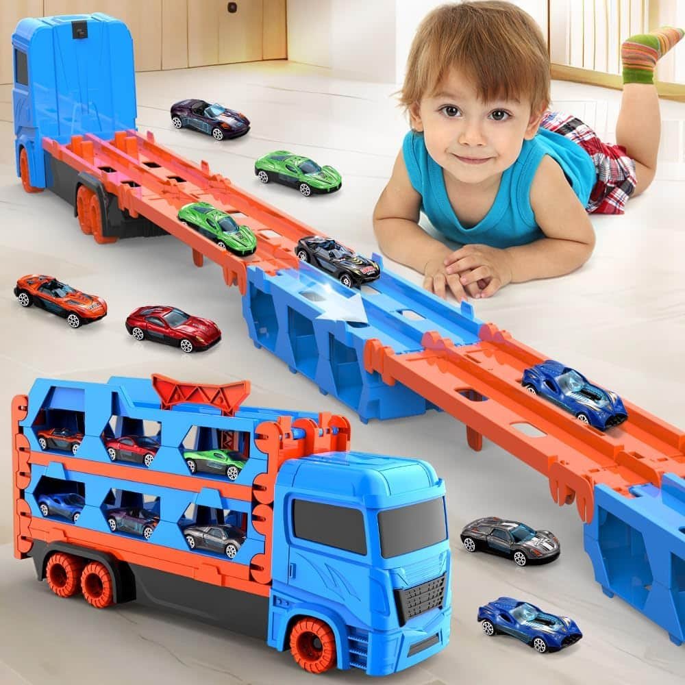 Transport Truck Toy for Kid, 61-Inch Dual Race Track and Eject Car, 6 Metal Cars and Foldable Storage Carrier Truck Set, Toddler Car Toys Gift for 3 4 5 6+ Years Old Boys and Girls (Blue)