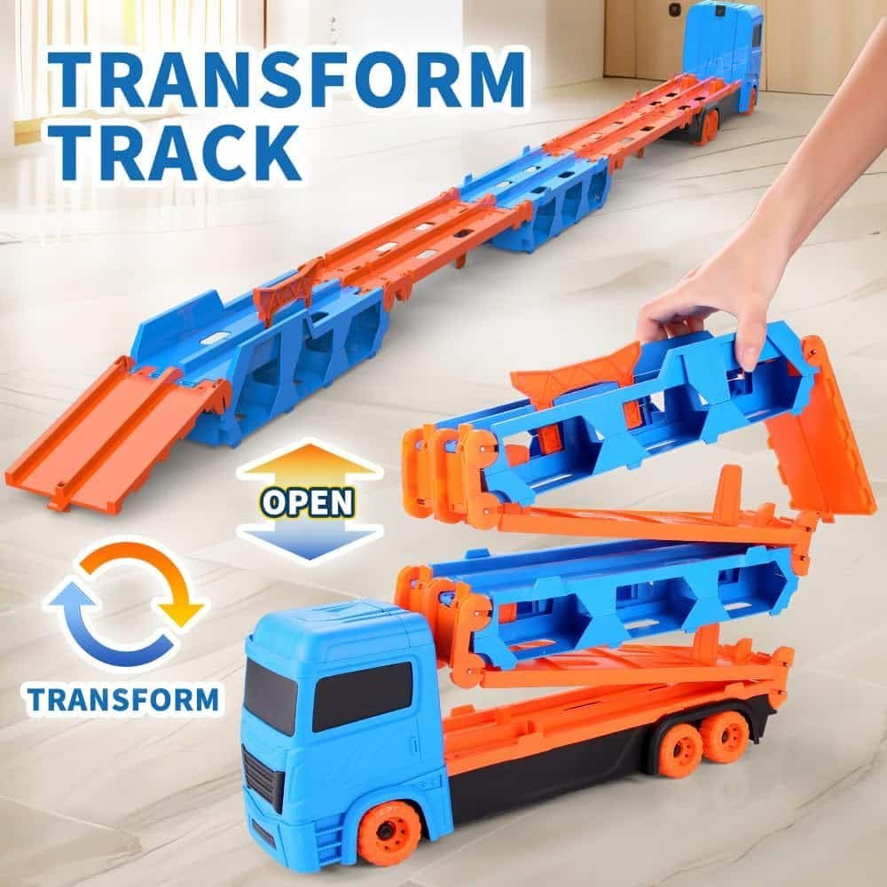 Transport Truck Toy for Kid, 61-Inch Dual Race Track and Eject Car, 6 Metal Cars and Foldable Storage Carrier Truck Set, Toddler Car Toys Gift for 3 4 5 6+ Years Old Boys and Girls (Blue)