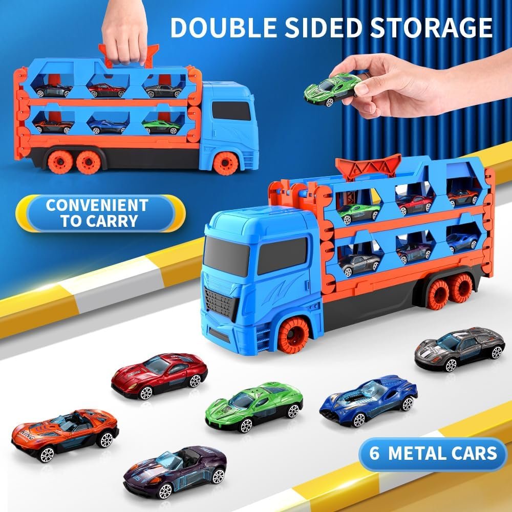 Transport Truck Toy for Kid, 61-Inch Dual Race Track and Eject Car, 6 Metal Cars and Foldable Storage Carrier Truck Set, Toddler Car Toys Gift for 3 4 5 6+ Years Old Boys and Girls (Blue)