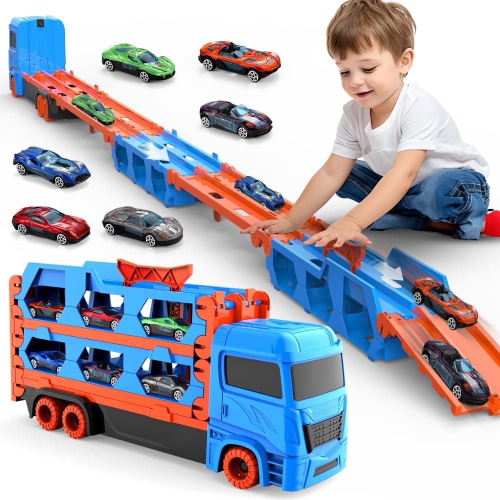 Transport Truck Toy for Kid, 61-Inch Dual Race Track and Eject Car, 6 Metal Cars and Foldable Storage Carrier Truck Set, Toddler Car Toys Gift for 3 4 5 6+ Years Old Boys and Girls (Blue)