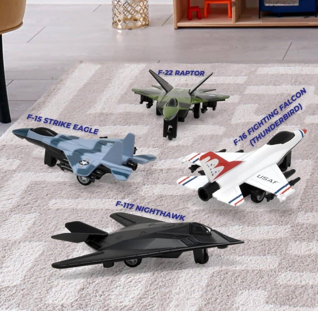 US Air Force Toy Jet Die Cast Squadron Military Fighter Planes Pull Back Airplane Models 4 Pack with Top Secret Confidential Notebook