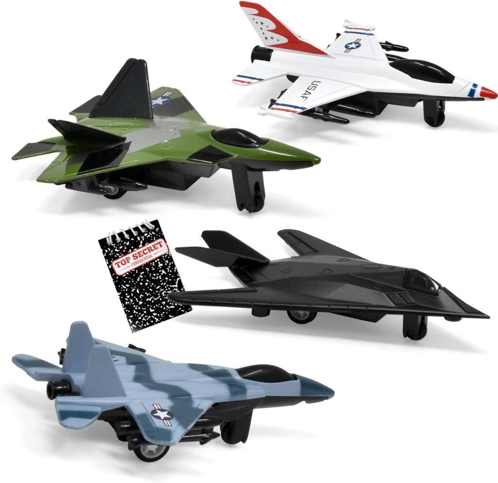 US Air Force Toy Jet Die Cast Squadron Military Fighter Planes Pull Back Airplane Models 4 Pack with Top Secret Confidential Notebook