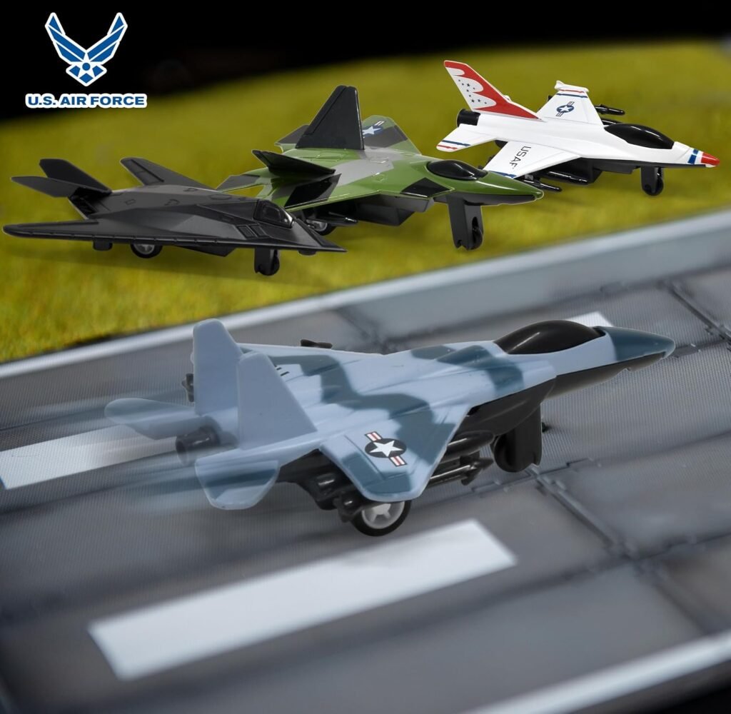 US Air Force Toy Jet Die Cast Squadron Military Fighter Planes Pull Back Airplane Models 4 Pack with Top Secret Confidential Notebook