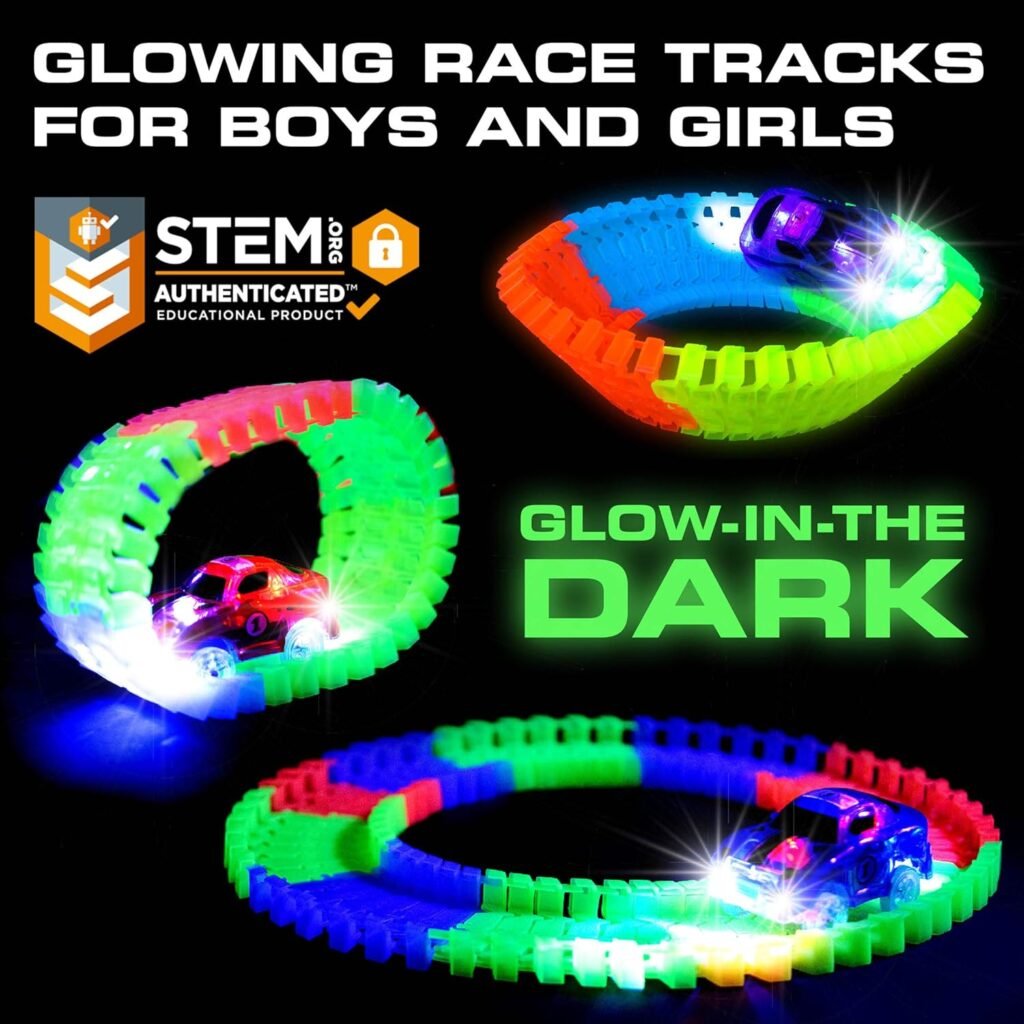 USA Toyz Glow Trax Glow in The Dark Race Tracks for Kids- Speedway Race Car Track Set with 360pk Flexible Roads, 2 Light Up Toy Cars, Bridges, Ramps, Play Set STEM Building Toys for Boys and Girls