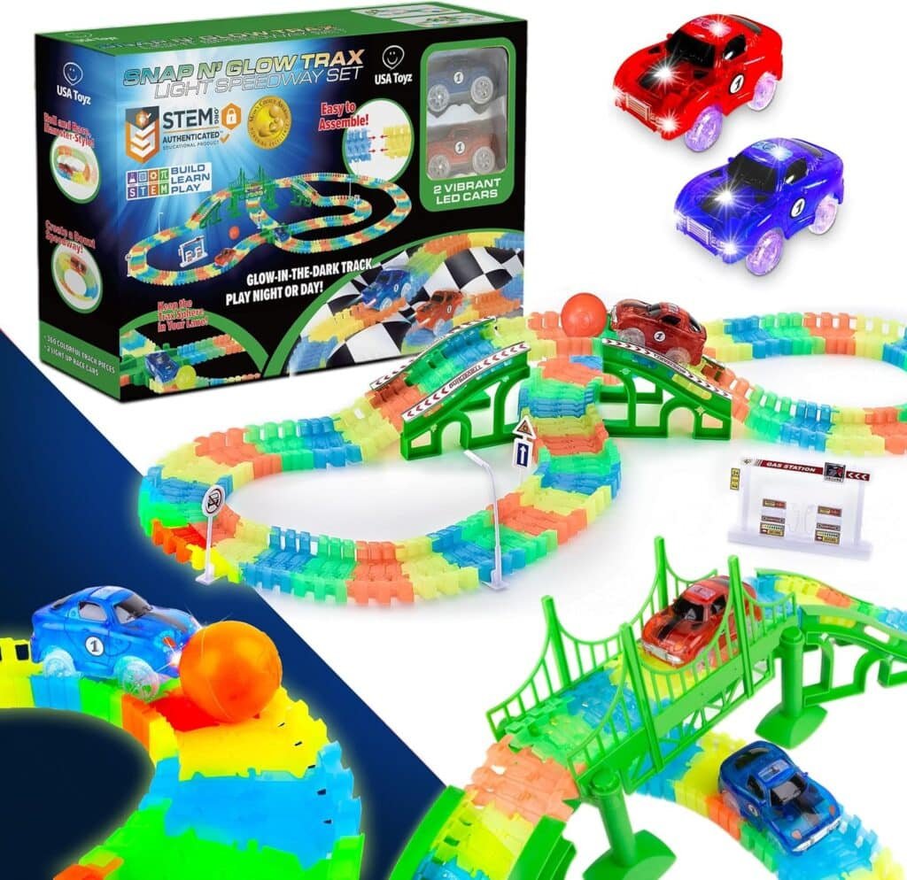 USA Toyz Glow Trax Glow in The Dark Race Tracks for Kids- Speedway Race Car Track Set with 360pk Flexible Roads, 2 Light Up Toy Cars, Bridges, Ramps, Play Set STEM Building Toys for Boys and Girls