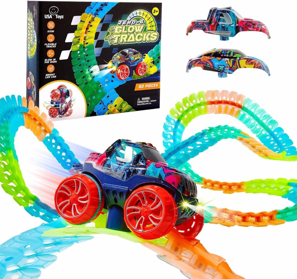 USA Toyz Zero-G Glow Race Track for Kids- 105pcs Glow in the Dark Flexible Race Car Track Set with Suction Cups, Slot Car, 2 Graffiti Toy Cars Shells, STEM Toy LED Car Tracks for Boys and Girls Age 3+