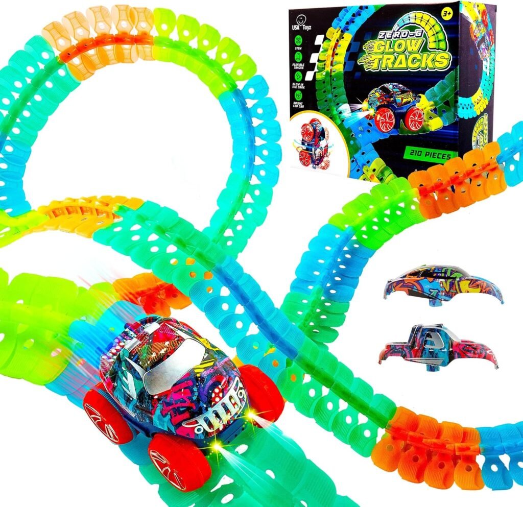 USA Toyz Zero-G Glow Race Track for Kids- 105pcs Glow in the Dark Flexible Race Car Track Set with Suction Cups, Slot Car, 2 Graffiti Toy Cars Shells, STEM Toy LED Car Tracks for Boys and Girls Age 3+